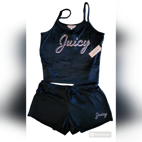 Juicy Couture 2 Piece  Velour Loungewear Short set, Black w/ Pink Studded Logo - Picture 2 of 8